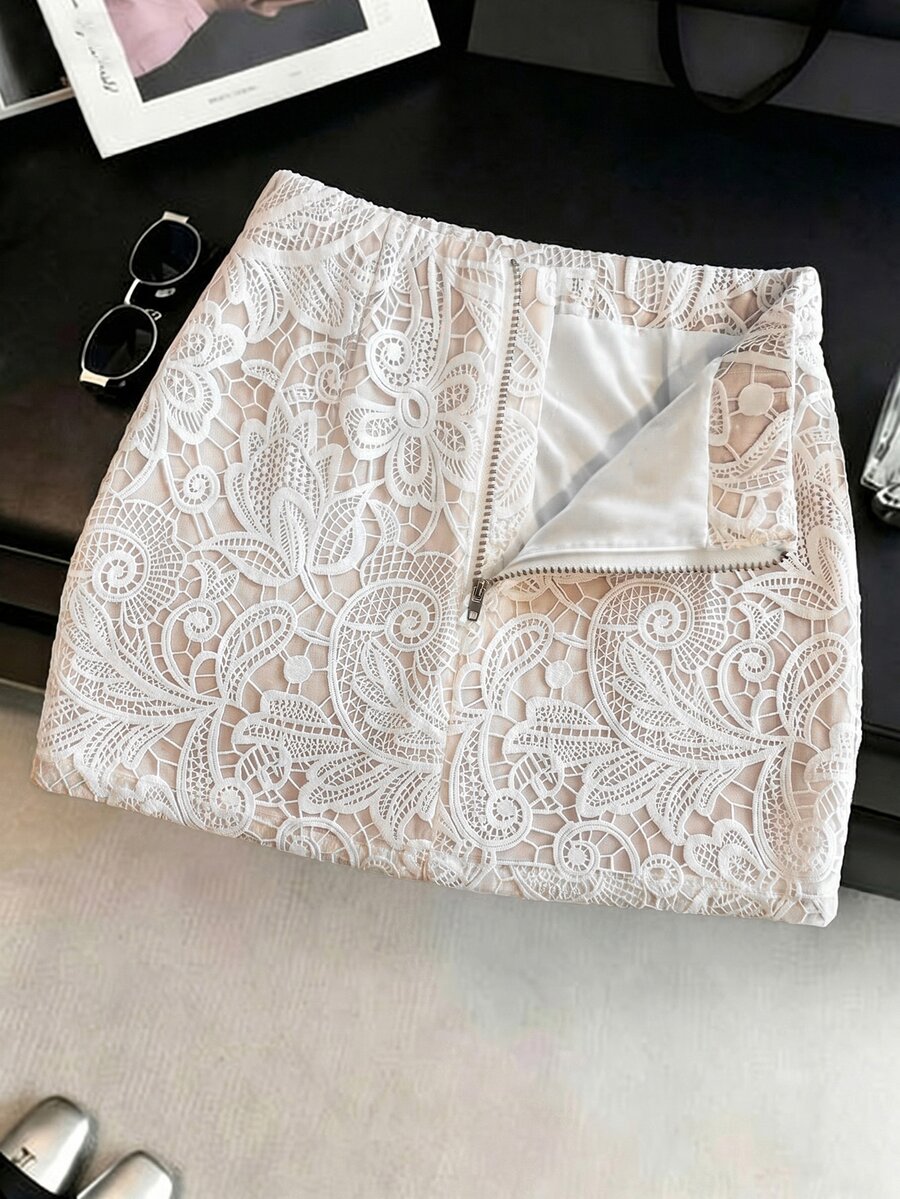 Franclia [Printed Design] Korean Style Girly Low-Waist A-Line Fashionable New Slimming Textured Print Zipper Women's Skirt - Apricot - View 1