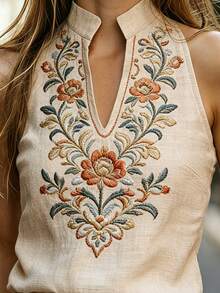 SHEIN [Printed Design] Women's Spring/Summer New Notched Neck Sleeveless Top With Exquisite Floral Print, Casual Boho Vintage And Elegant Street Style Design. Beige Vacation - Apricot - View 6