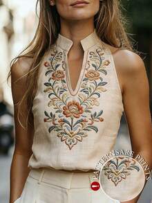 SHEIN [Printed Design] Women's Spring/Summer New Notched Neck Sleeveless Top With Exquisite Floral Print, Casual Boho Vintage And Elegant Street Style Design. Beige Vacation - Apricot - View 2