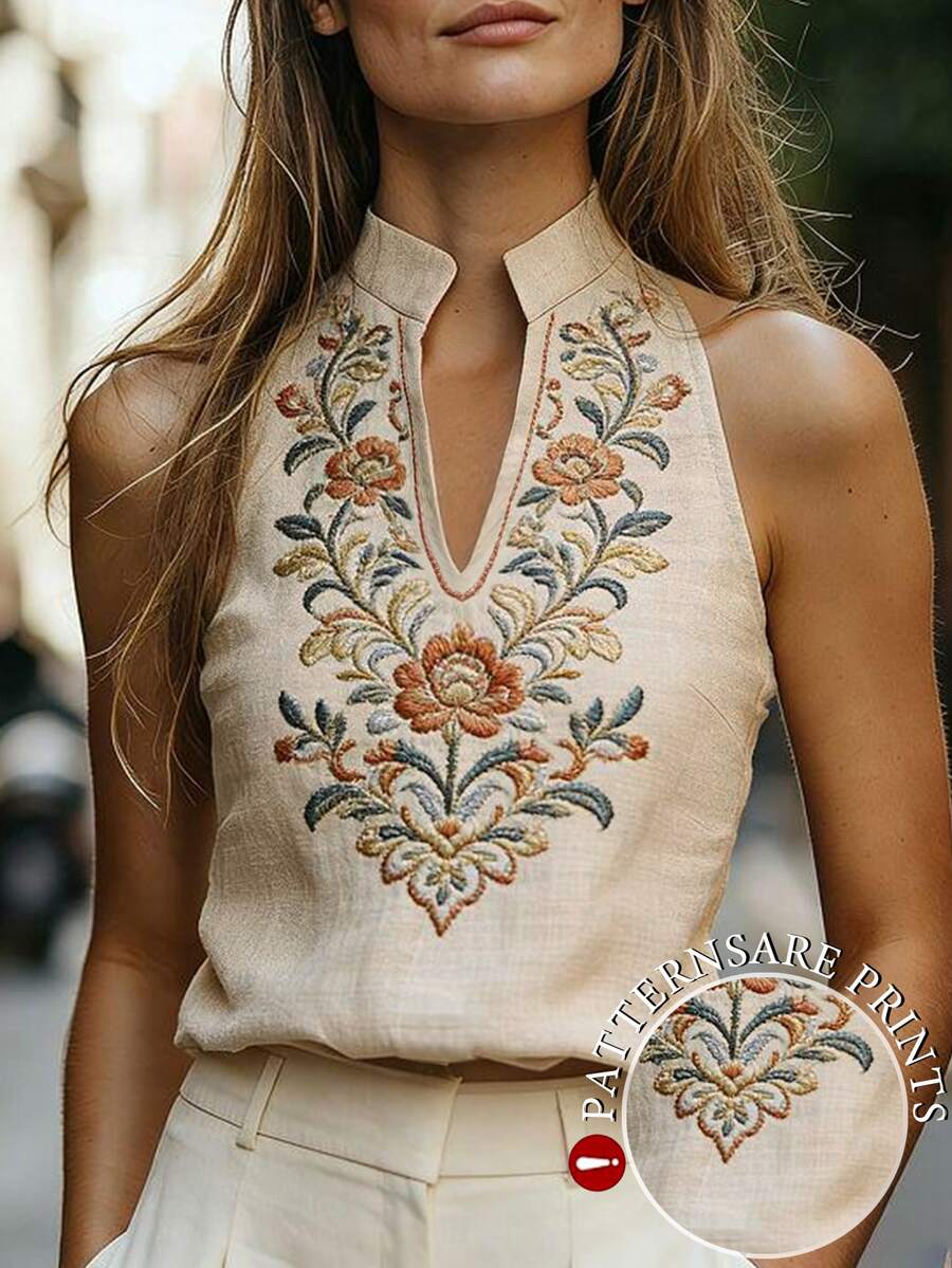 SHEIN [Printed Design] Women's Spring/Summer New Notched Neck Sleeveless Top With Exquisite Floral Print, Casual Boho Vintage And Elegant Street Style Design. Beige Vacation