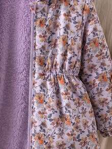 SHEIN Elladie kids 女童 2025 冬季新款復古卡其色花卉保暖內裡拉鍊連帽外套，彈性腰部設計，加厚保暖時尚戶外通勤百搭外套 - 淡紫色 - 查看 7