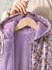 SHEIN Elladie kids 女童 2025 冬季新款復古卡其色花卉保暖內裡拉鍊連帽外套，彈性腰部設計，加厚保暖時尚戶外通勤百搭外套 - 淡紫色 - 查看 6