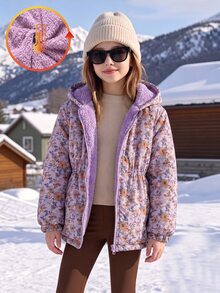 SHEIN Elladie kids 女童 2025 冬季新款復古卡其色花卉保暖內裡拉鍊連帽外套，彈性腰部設計，加厚保暖時尚戶外通勤百搭外套 - 淡紫色 - 查看 3