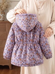 SHEIN Elladie kids 女童 2025 冬季新款復古卡其色花卉保暖內裡拉鍊連帽外套，彈性腰部設計，加厚保暖時尚戶外通勤百搭外套 - 淡紫色 - 查看 2