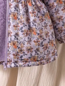 SHEIN Elladie kids 女童 2025 冬季新款復古卡其色花卉保暖內裡拉鍊連帽外套，彈性腰部設計，加厚保暖時尚戶外通勤百搭外套 - 淡紫色 - 查看 5
