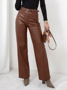 DAZY Women's New Soft Faux PU Leather High Waist Draped Elegant Straight Leg Wide Leg Pants Winter - Brown - View 1
