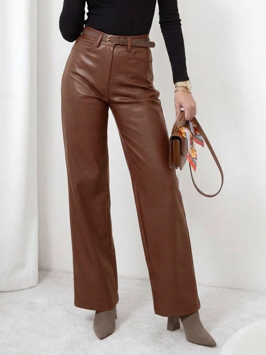 DAZY Women's New Soft Faux PU Leather High Waist Draped Elegant Straight Leg Wide Leg Pants Winter - Brown - View 1