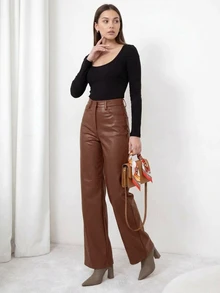 DAZY Women's New Soft Faux PU Leather High Waist Draped Elegant Straight Leg Wide Leg Pants Winter - Brown - View 5