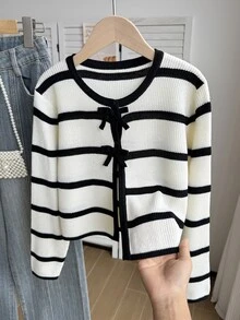 SHEIN Girls' Long-Sleeve Knit Cardigan With Black-And-White Stripes And Handmade Bows Autumn Fall - Black and White - View 7