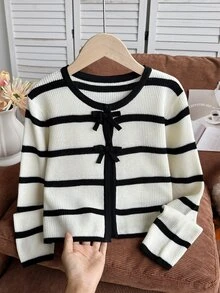 SHEIN Girls' Long-Sleeve Knit Cardigan With Black-And-White Stripes And Handmade Bows Autumn Fall - Black and White - View 4