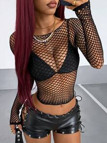 StreetHx Women's Street Techno Black Long Sleeve Mesh Hollow Out Top Rave Autumn Halloween Night Out Rave Club Black Fishnet Sexy - Black - View 5