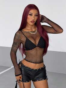 StreetHx Women's Street Techno Black Long Sleeve Mesh Hollow Out Top Rave Autumn Halloween Night Out Rave Club Black Fishnet Sexy - Black - View 6