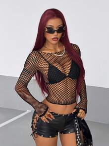 StreetHx Women's Street Techno Black Long Sleeve Mesh Hollow Out Top Rave Autumn Halloween Night Out Rave Club Black Fishnet Sexy - Black - View 1