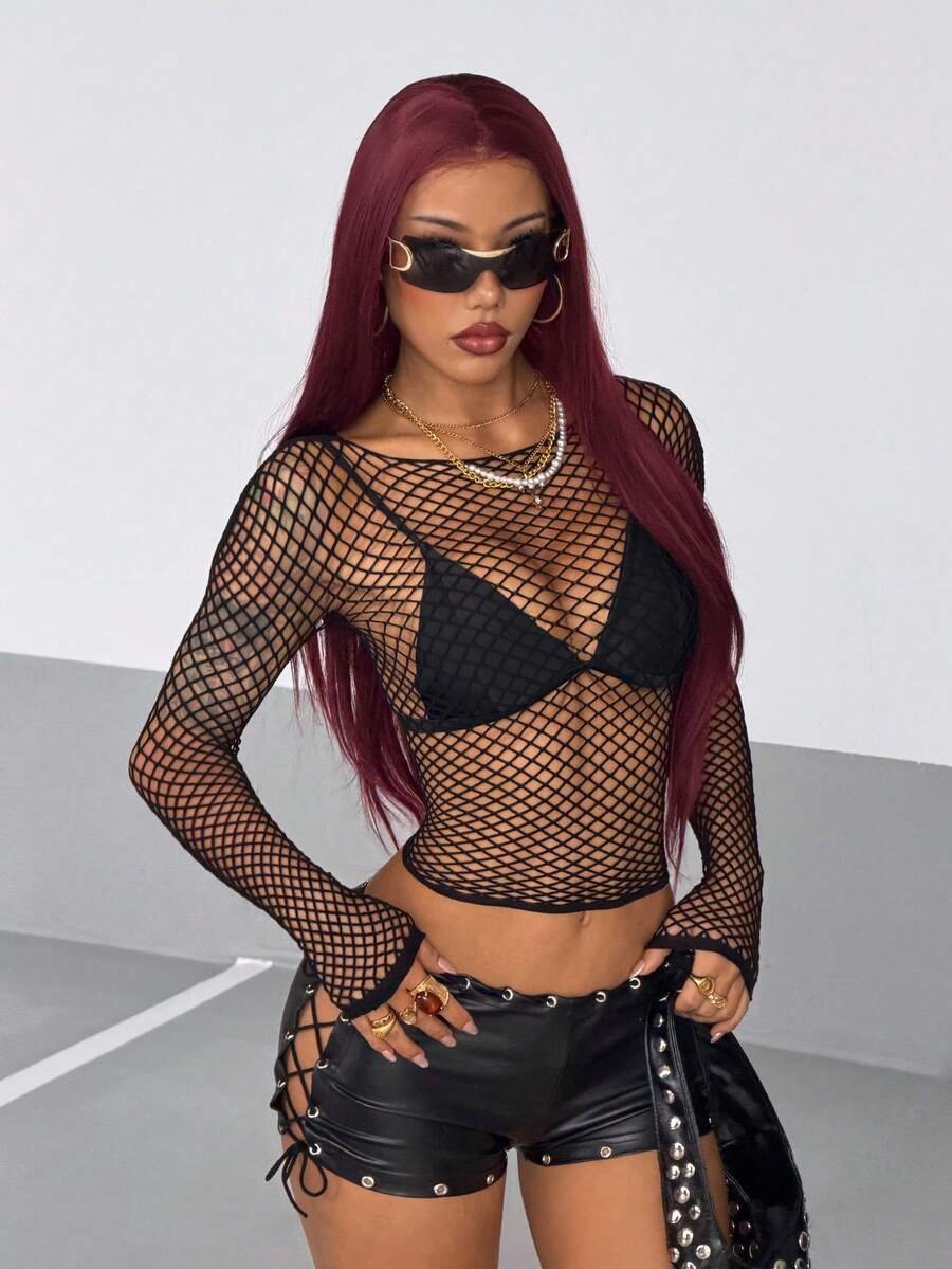 StreetHx Women's Street Techno Black Long Sleeve Mesh Hollow Out Top Rave Autumn Halloween Night Out Rave Club Black Fishnet Sexy - Black - View 1