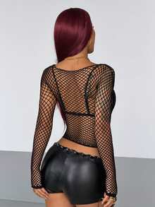 StreetHx Women's Street Techno Black Long Sleeve Mesh Hollow Out Top Rave Autumn Halloween Night Out Rave Club Black Fishnet Sexy - Black - View 2