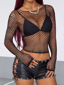 StreetHx Women's Street Techno Black Long Sleeve Mesh Hollow Out Top Rave Autumn Halloween Night Out Rave Club Black Fishnet Sexy - Black - View 3