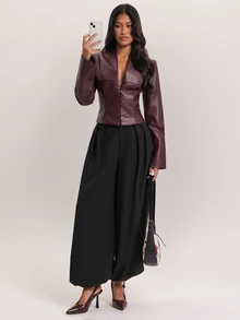 SHEIN BAE Burgundy Litchi Grain Faux Leather Slim Fit Blazer For Women Fall 2026 Elegant Long Sleeve PU Leather Jacket For Office Cocktail Party Date Night - Purple - View 3