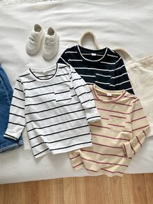 SHEIN Genkimix Kids 3件組男童條紋T恤，秋冬保暖內層 - 彩色 - 查看 6