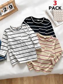 SHEIN Genkimix Kids 3件組男童條紋T恤，秋冬保暖內層 - 彩色 - 查看 1