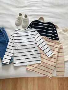 SHEIN Genkimix Kids 3件組男童條紋T恤，秋冬保暖內層 - 彩色 - 查看 2