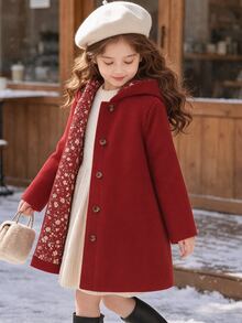 Elladie kids 年輕女孩單排釦帽子外套 - 酒紅色 - 查看 1