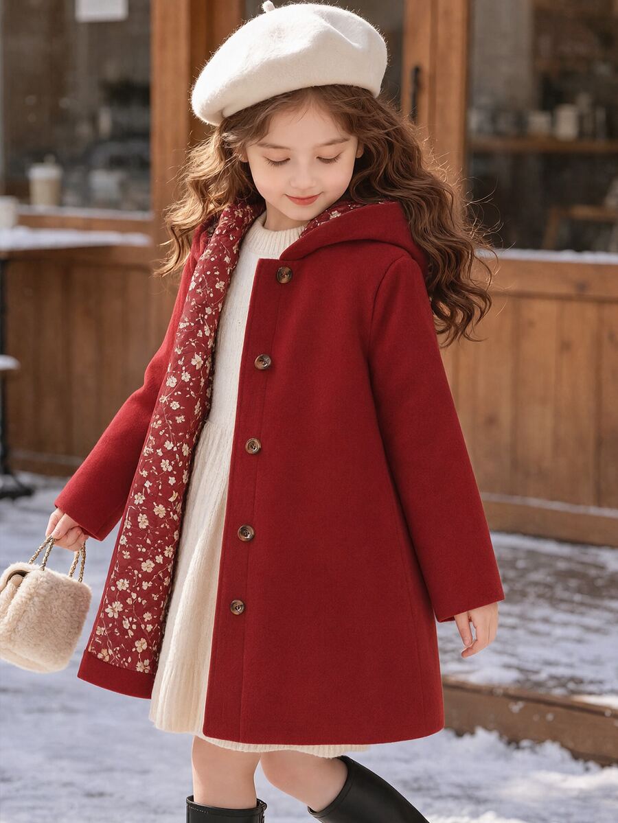 Elladie kids 年輕女孩單排釦帽子外套 - 酒紅色 - 查看 1
