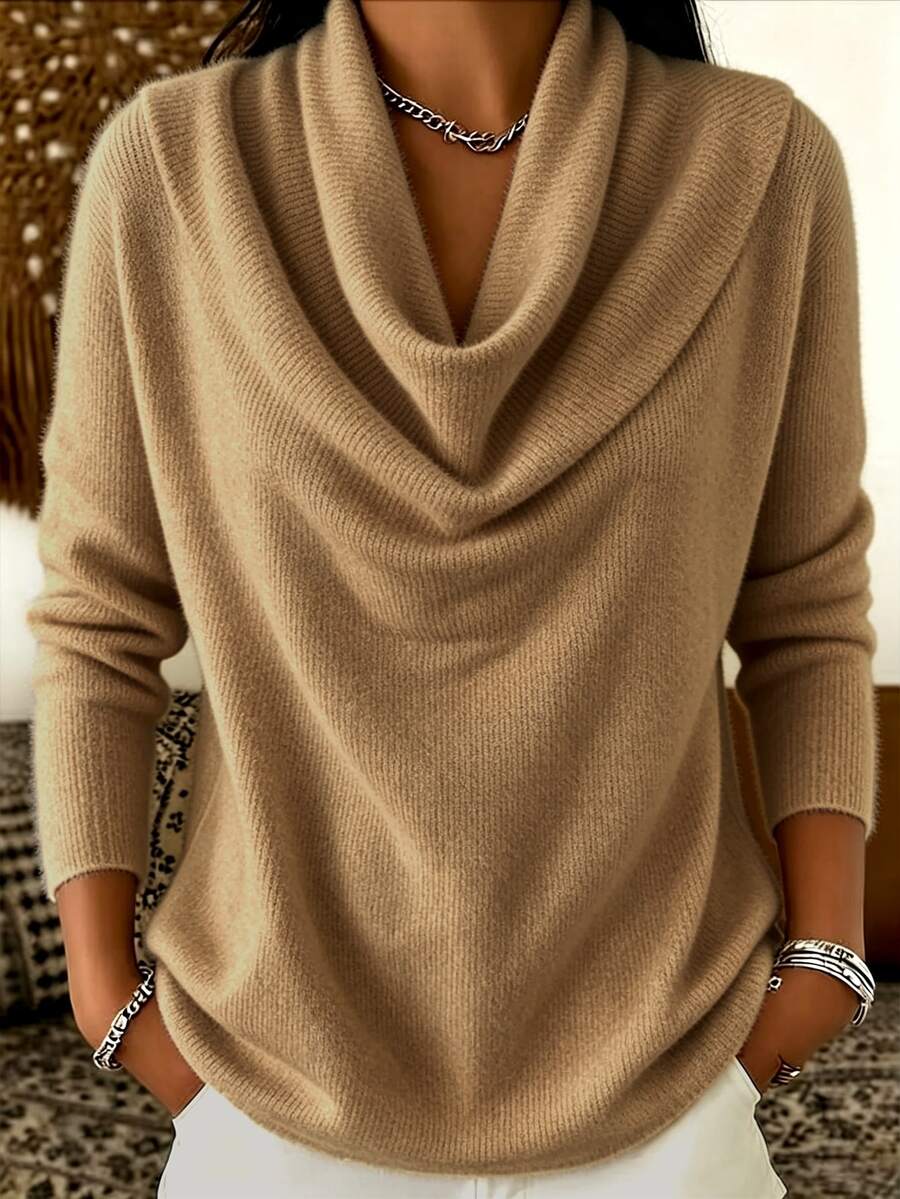 Trelyra Women's Solid Color Cowl Neck Long Sleeve Casual Top - Khaki - View 1