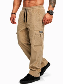 Sorvial Celana Kargo Kasual Minimalis Pria Bahan Corduroy untuk Pemakaian Sehari-hari - Khaki - View 6