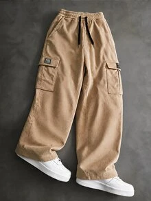 Sorvial Celana Kargo Kasual Minimalis Pria Bahan Corduroy untuk Pemakaian Sehari-hari - Khaki - View 3