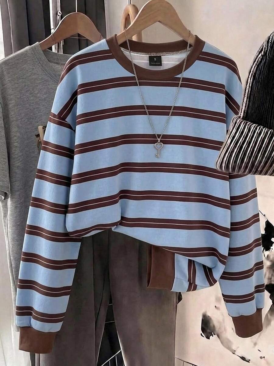 SHEIN LUNE 女款休閒圓領寬鬆衛衣,女款秋冬服飾,條紋衛衣 - 白色 - 查看 1