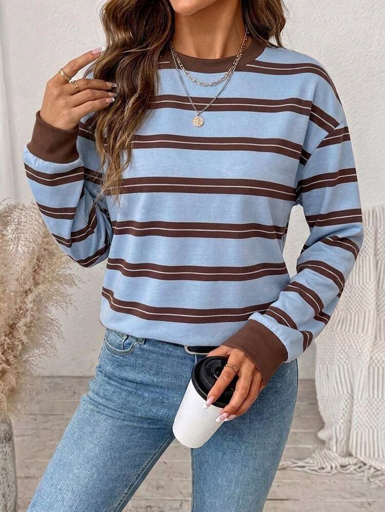 SHEIN LUNE Women's Casual Crew Neck Loose Fit Sweatshirt, Women's Autumn/Winter Clothing, Striped Sweatshirt - White - View 6