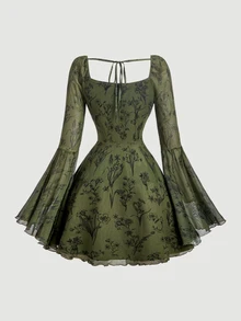 SHEIN MOD 女款深綠色秋季花卉印花百褶休閒鄉村風迷你洋裝，適合派對、野餐、約會之夜 - 軍綠色 - 查看 4