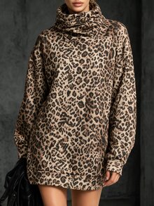 SHEIN Autumn/Winter Maillard Leopard Print Sweatshirt For Women, Loose Oversized Half-Button Stand Collar Long Top Covering Hips, Bottomless Style - Multicolor - View 1