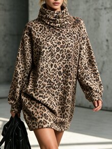 SHEIN Autumn/Winter Maillard Leopard Print Sweatshirt For Women, Loose Oversized Half-Button Stand Collar Long Top Covering Hips, Bottomless Style - Multicolor - View 4