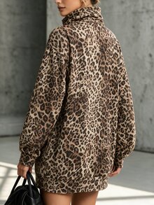 SHEIN Autumn/Winter Maillard Leopard Print Sweatshirt For Women, Loose Oversized Half-Button Stand Collar Long Top Covering Hips, Bottomless Style - Multicolor - View 2