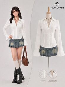 Elamini Women's Patchwork Lace Cotton V-Neck Elegant Commute Flared Sleeve Blouse - White - View 4