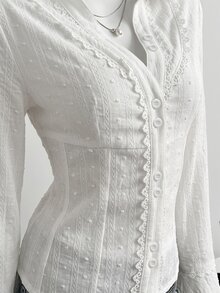 Elamini Women's Patchwork Lace Cotton V-Neck Elegant Commute Flared Sleeve Blouse - White - View 6