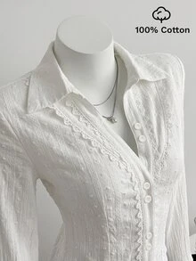 Elamini Women's Patchwork Lace Cotton V-Neck Elegant Commute Flared Sleeve Blouse - White - View 2