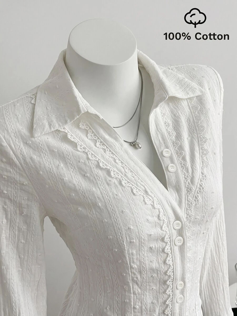 Elamini Women's Patchwork Lace Cotton V-Neck Elegant Commute Flared Sleeve Blouse