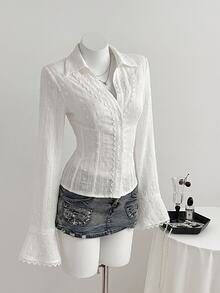 Elamini Women's Patchwork Lace Cotton V-Neck Elegant Commute Flared Sleeve Blouse - White - View 9