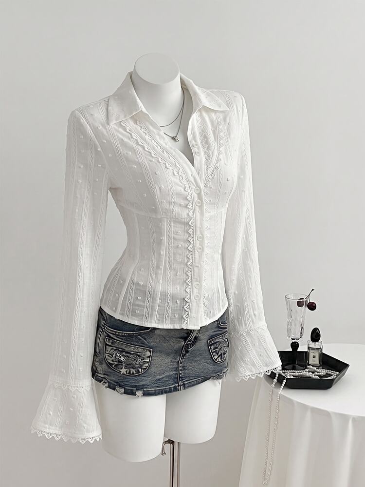 Elamini Women's Patchwork Lace Cotton V-Neck Elegant Commute Flared Sleeve Blouse - White - View 8