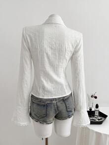 Elamini Women's Patchwork Lace Cotton V-Neck Elegant Commute Flared Sleeve Blouse - White - View 3