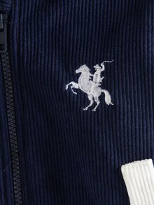 SHEIN Playful Pals Baby Boy Autumn/Winter Front Zipper Embroidered Thermal Lined Corduroy Hooded Jacket, Suitable For Holidays, Parties, Outdoor, School, 6M-3T, Baby Boy Jacket, Toddler Clothing, Baby Clothing - Navy Blue - View 8