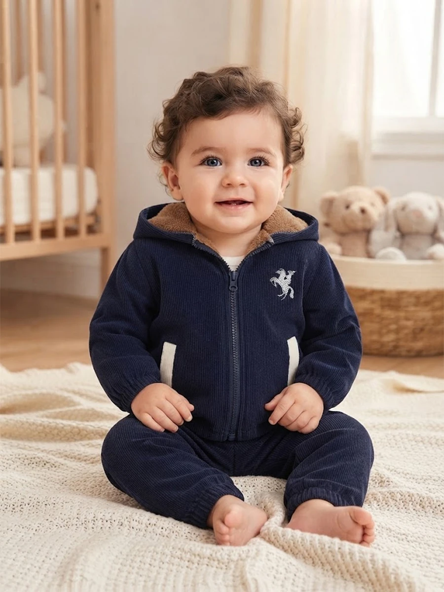SHEIN Playful Pals Baby Boy Autumn/Winter Front Zipper Embroidered Thermal Lined Corduroy Hooded Jacket, Suitable For Holidays, Parties, Outdoor, School, 6M-3T, Baby Boy Jacket, Toddler Clothing, Baby Clothing - Navy Blue - View 1