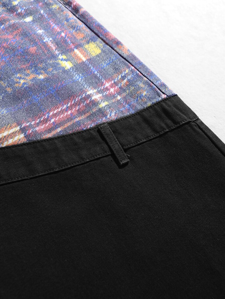 ROMWE MEN Men's Plaid Patchwork Loose Fit Denim Jeans - Black - View 6