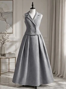 Rometta Plus Size Women's Summer Casual Elegant Commute Office Formal Blazer Lapel Double-Breasted Vest A-Line Long Tweed Skirt 2 Pieces Set Grey White - Grey - View 1
