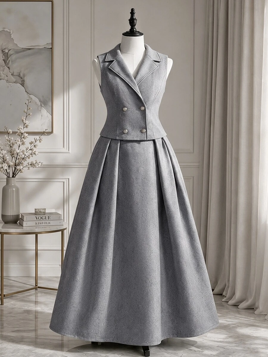 Rometta Plus Size Women's Summer Casual Elegant Commute Office Formal Blazer Lapel Double-Breasted Vest A-Line Long Tweed Skirt 2 Pieces Set Grey White - Grey - View 1