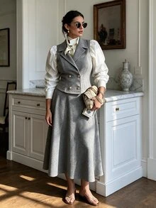 Rometta Plus Size Women's Summer Casual Elegant Commute Office Formal Blazer Lapel Double-Breasted Vest A-Line Long Tweed Skirt 2 Pieces Set Grey White - Grey - View 2