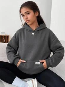 SHEIN 青少年女孩深灰色休閒連帽衛衣，秋冬款，附口袋，十字設計，百搭長袖套頭衫，口號貼布灰色 - 深灰色 - 查看 7