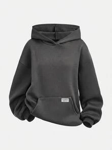 SHEIN 青少年女孩深灰色休閒連帽衛衣，秋冬款，附口袋，十字設計，百搭長袖套頭衫，口號貼布灰色 - 深灰色 - 查看 1